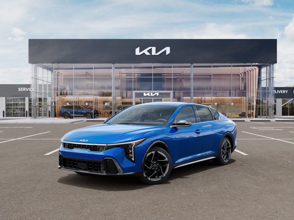 2026 Kia K4 GT-Line in Wave Blue — front three-quarter view