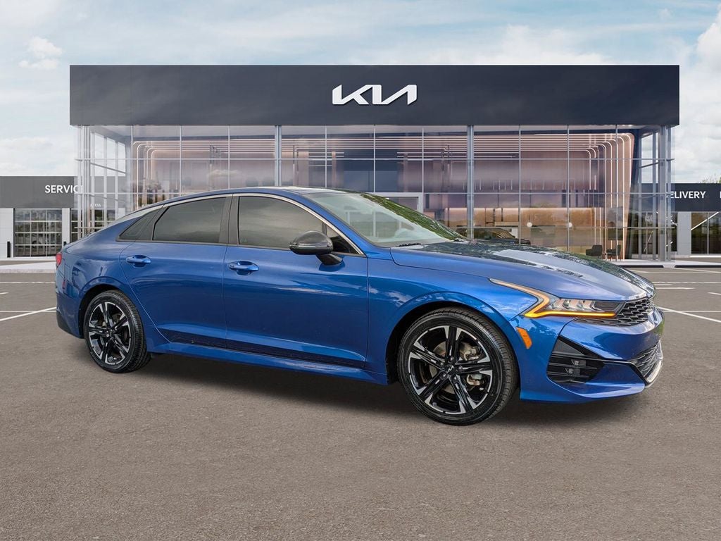 2022 Kia K5 GT-Line in Sapphire Blue — front three-quarter view