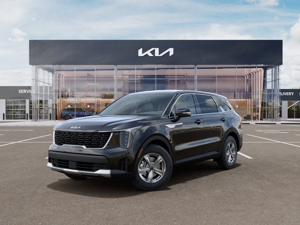 2026 Kia Sorento LX in Ebony Black — front three-quarter view