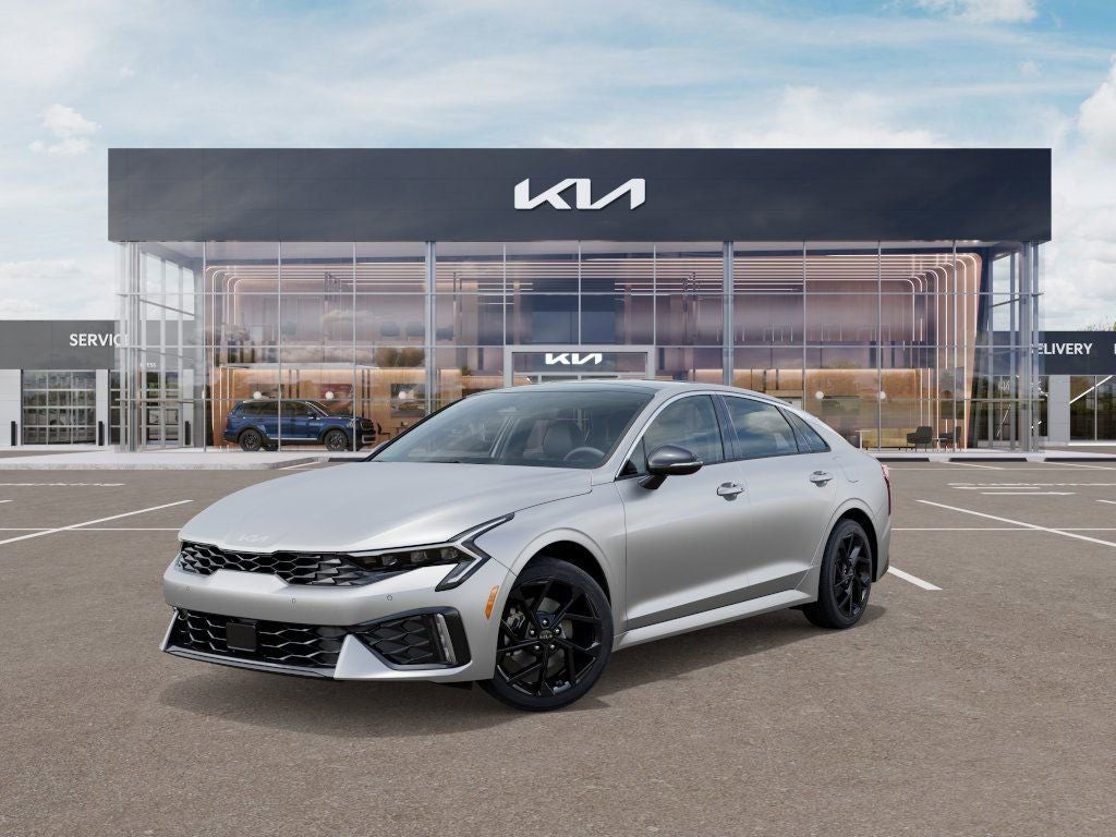 2026 Kia K5 GT-Line in Steel Matte Gray — front three-quarter view