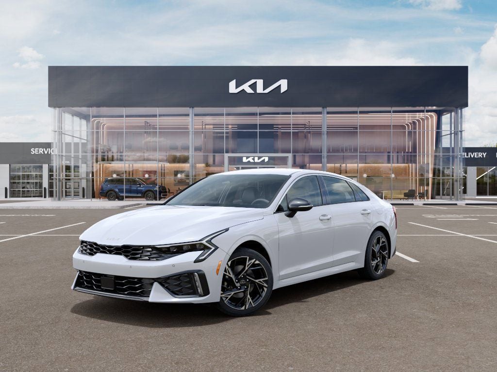 2026 Kia K5 GT-Line in Snow White Pearl — front three-quarter view