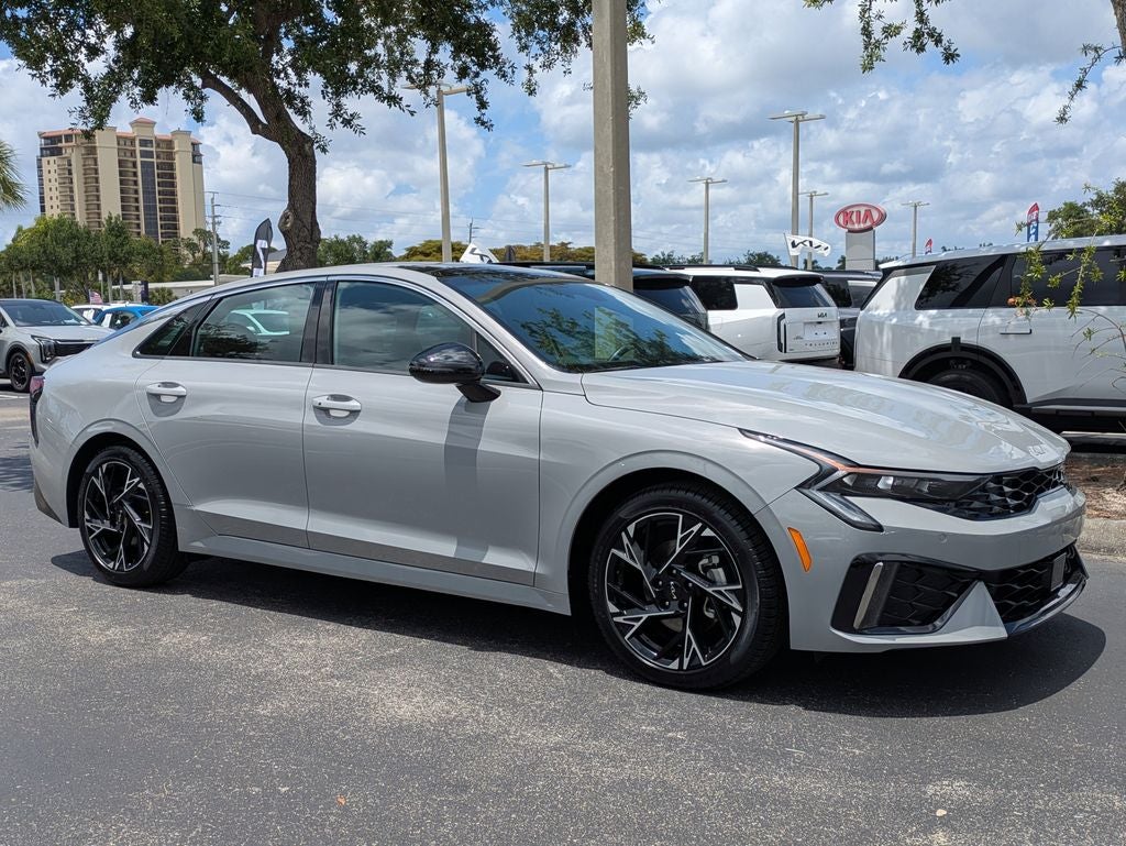 2025 Kia K5 GT-Line in Wolf Gray — front three-quarter view