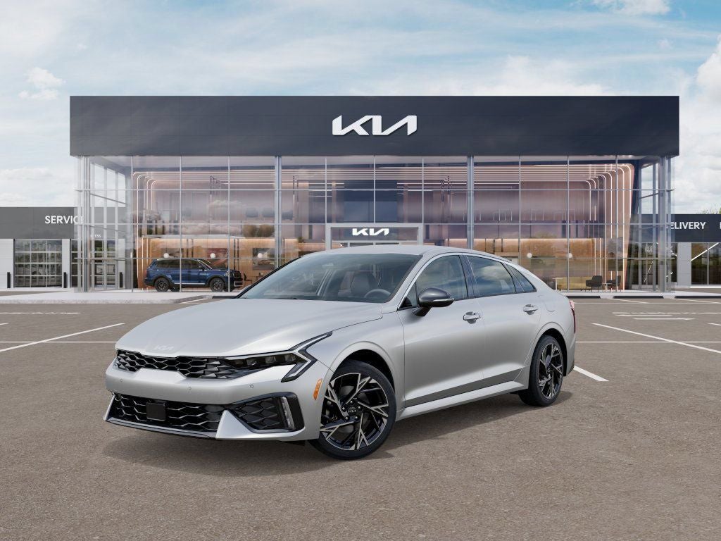 2026 Kia K5 GT-Line in Steel Matte Gray — front three-quarter view