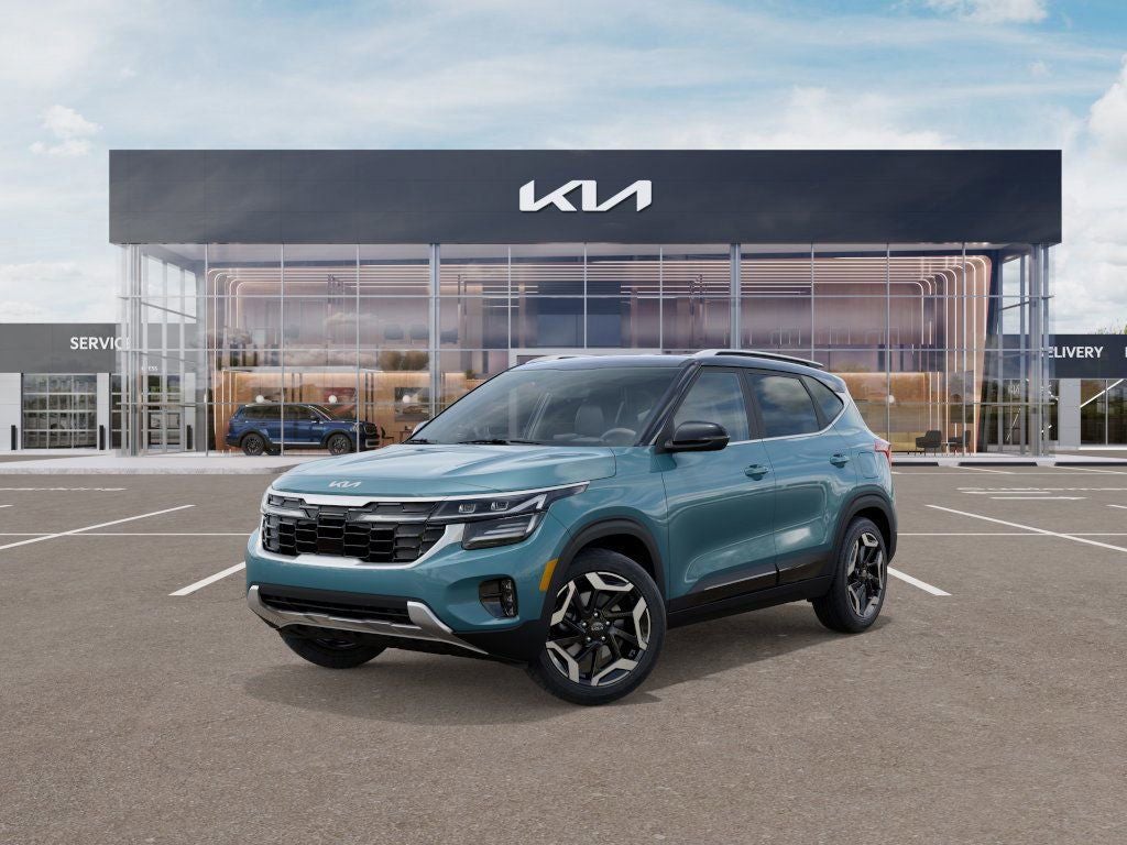 2026 Kia Seltos SX in Pluton Blue/Black Roof — front three-quarter view