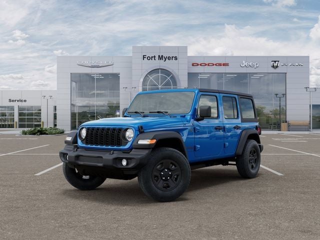 2026 Jeep Wrangler WRANGLER 4-DOOR SPORT in Hydro Blue Pearl-Coat Exterior Paint — front three-quarter view