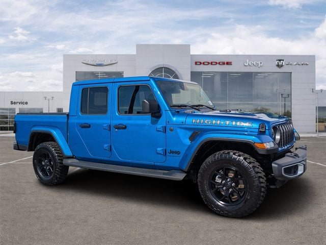 2025 Jeep Gladiator High Tide in Hydro Blue Pearlcoat — front three-quarter view