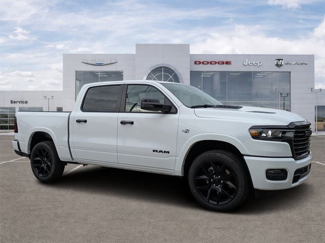 2026 RAM Ram 1500 RAM 1500 LARAMIE CREW CAB 4X4 5'7' BOX in Bright White Clear-Coat Exterior Paint — front three-quarter view
