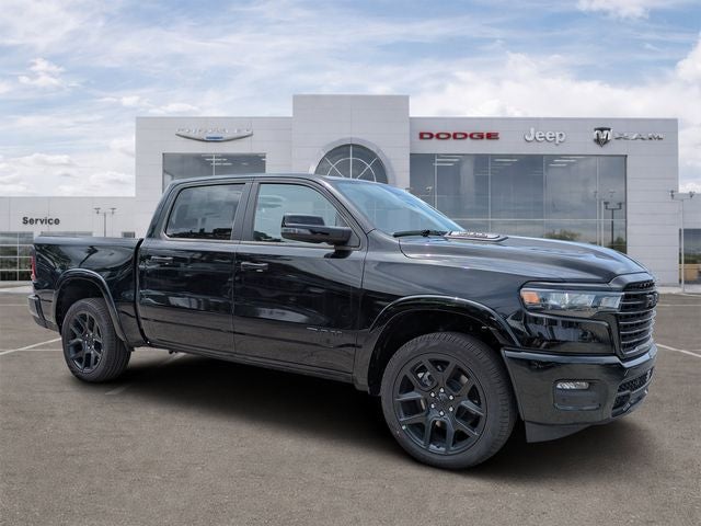 2026 RAM Ram 1500 RAM 1500 LARAMIE CREW CAB 4X4 5'7' BOX in Diamond Black Crystal Pearl-Coat Exterior Paint — front three-quarter view